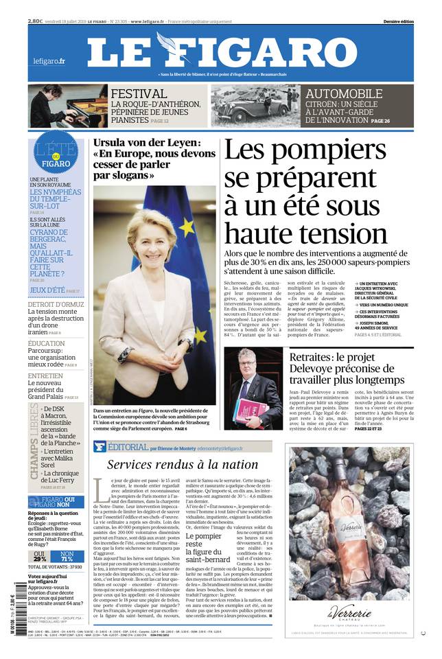 Le Figaro Une du 19 juillet 2019