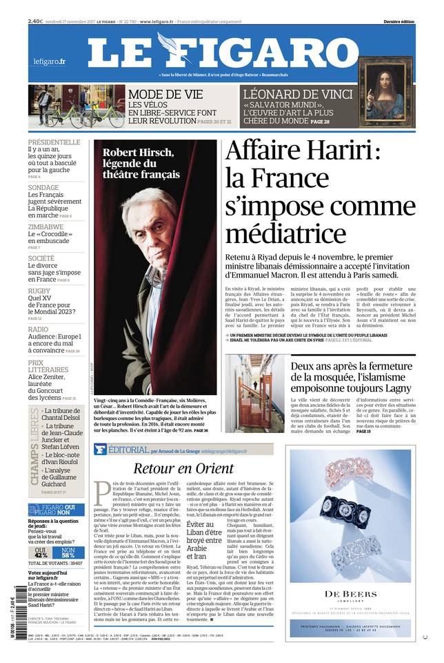 Le Figaro Une du 17 novembre 2017