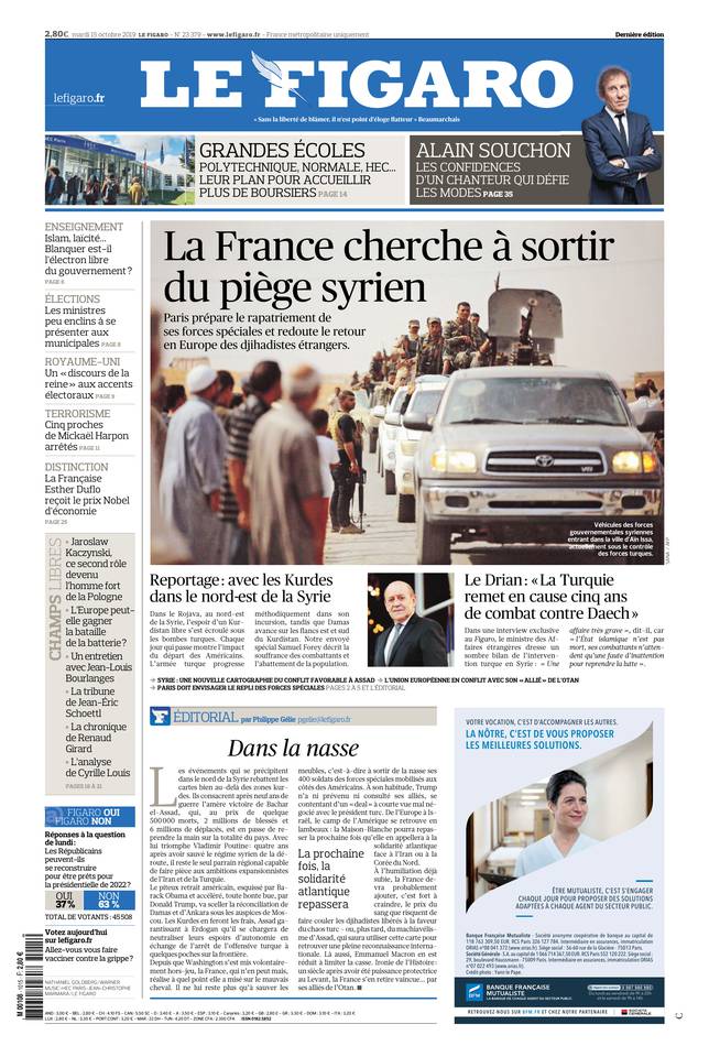 Le Figaro Une du 15 octobre 2019