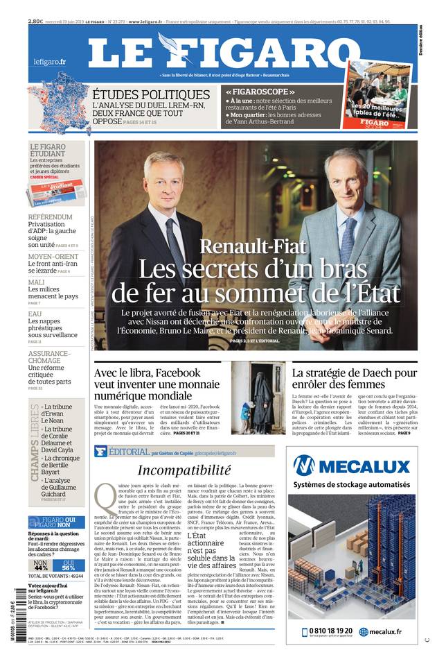 Le Figaro Une du 19 juin 2019