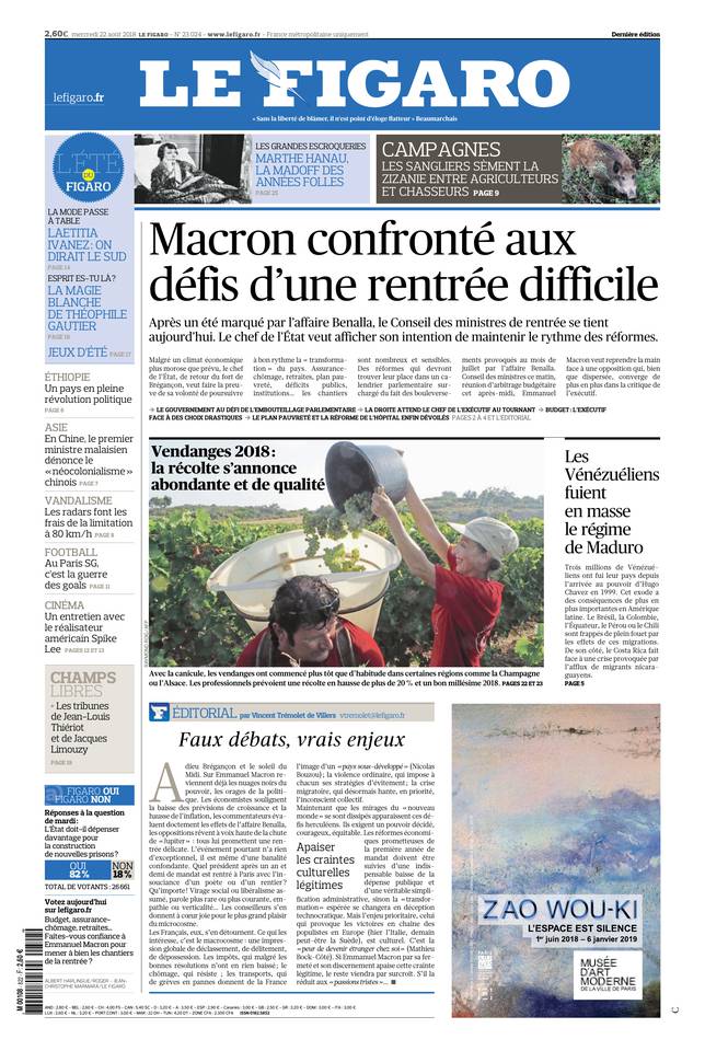 Le Figaro Une du 22 août 2018