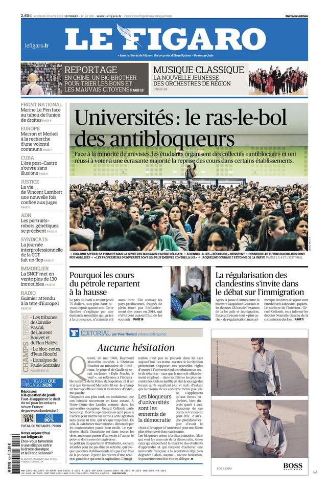 Le Figaro Une du 20 avril 2018