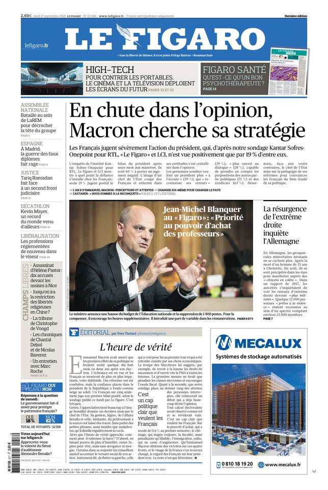 Le Figaro Une du 17 septembre 2018