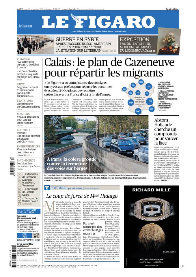 Le Figaro Une du 13 septembre 2016