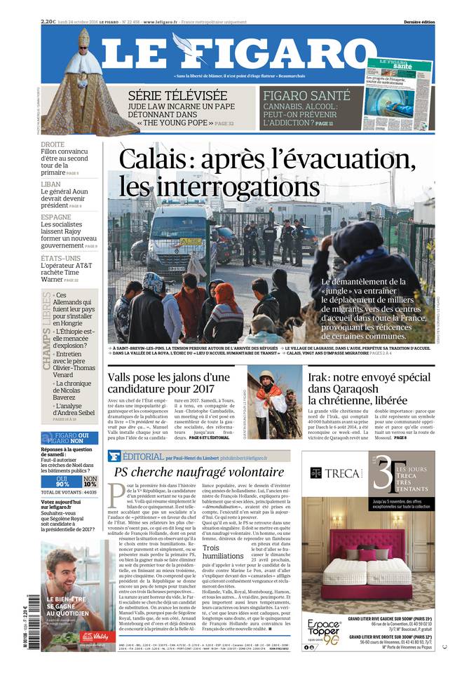 Le Figaro Une du 24 octobre 2016