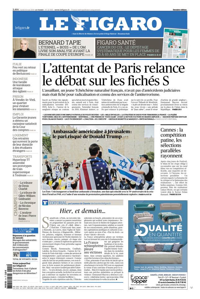 Le Figaro Une du 14 mai 2018
