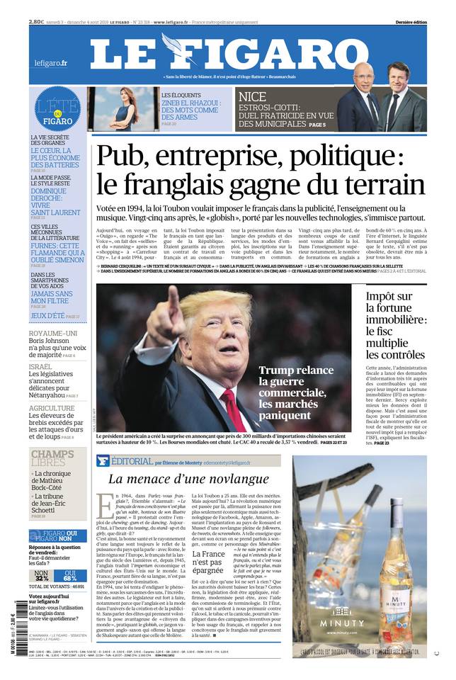 Le Figaro Une du 3 août 2019