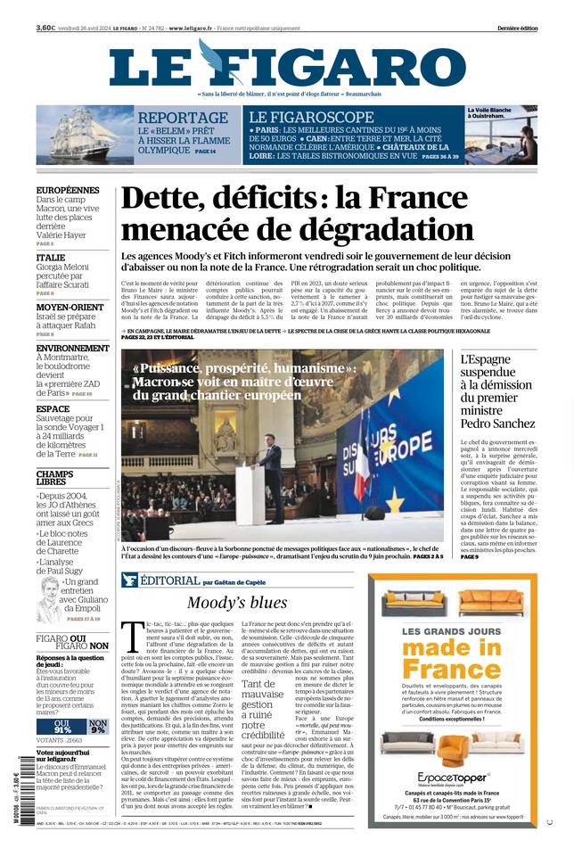 Le Figaro Une du 26 avril 2024
