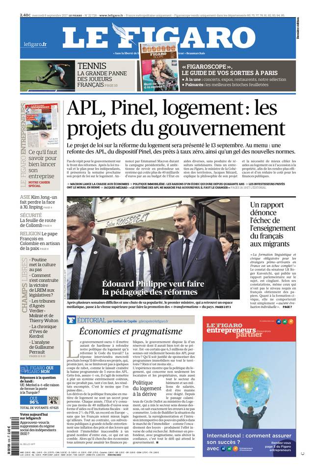 Le Figaro Une du 6 septembre 2017