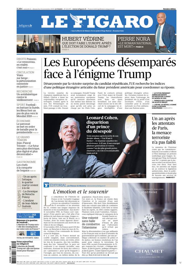 Le Figaro Une du 12 novembre 2016