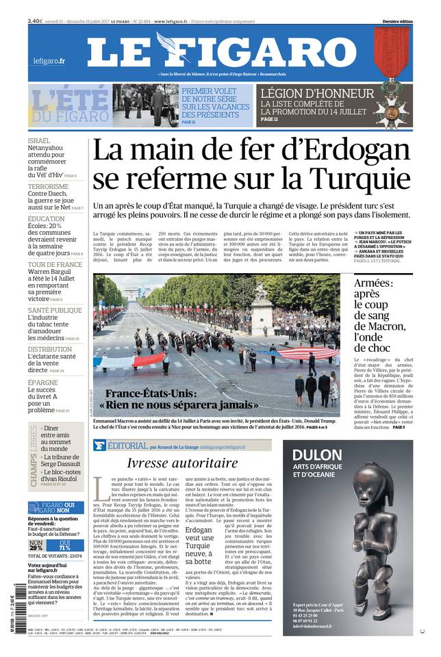Le Figaro Une du 15 juillet 2017