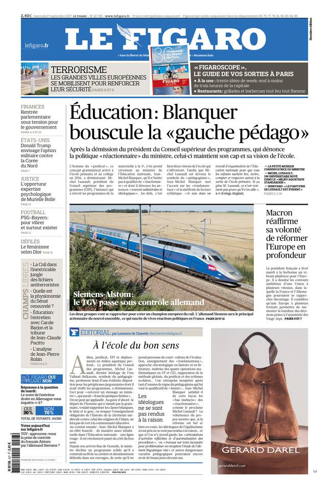 Le Figaro Une du 27 septembre 2017