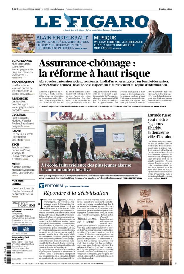 Le Figaro Une du 8 avril 2024