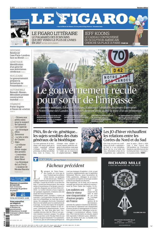 Le Figaro Une du 18 janvier 2018