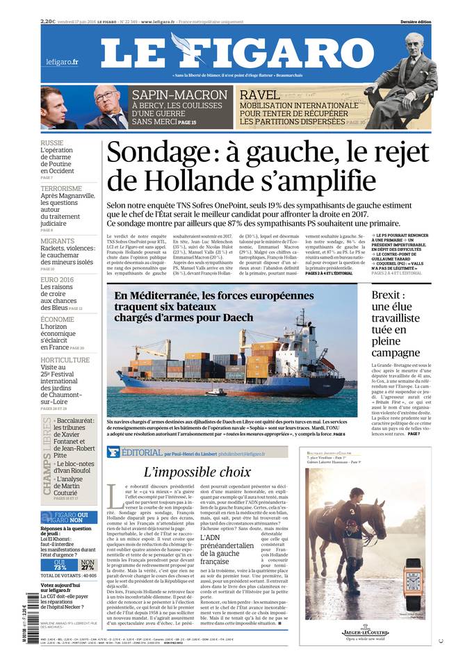 Le Figaro Une du 17 juin 2016
