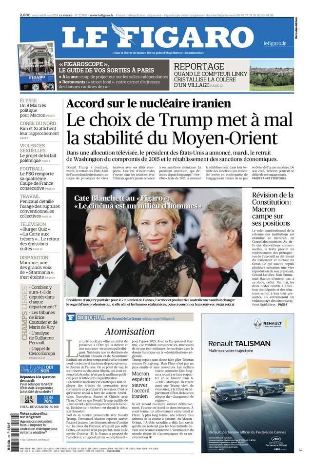 Le Figaro Une du 9 mai 2018