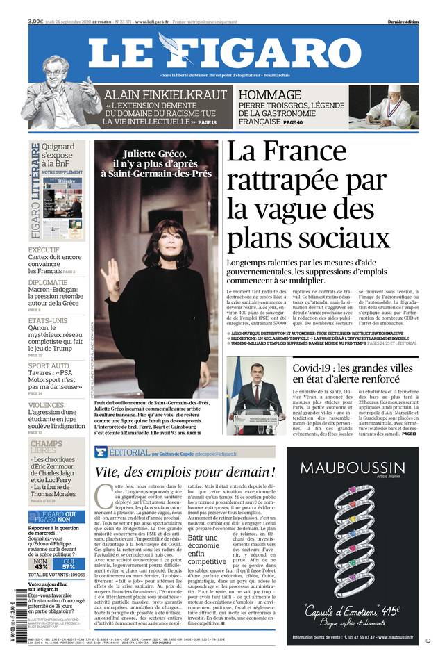 Le Figaro Une du 24 septembre 2020