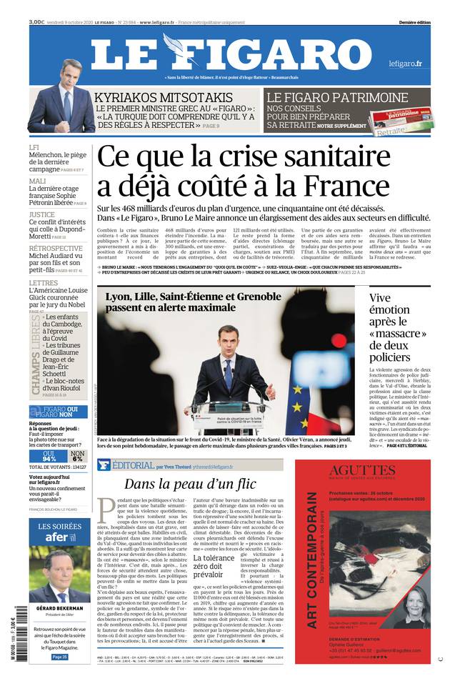 Le Figaro Une du 9 octobre 2020