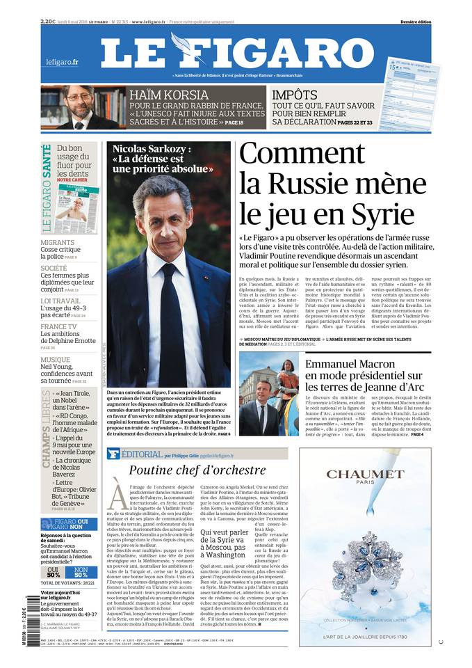 Le Figaro Une du 9 mai 2016