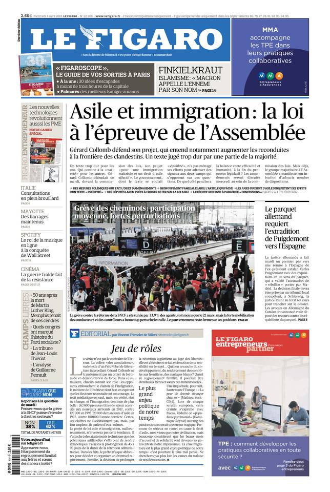 Le Figaro Une du 4 avril 2018