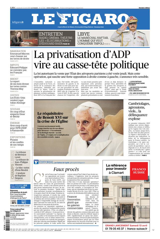 Le Figaro Une du 12 avril 2019