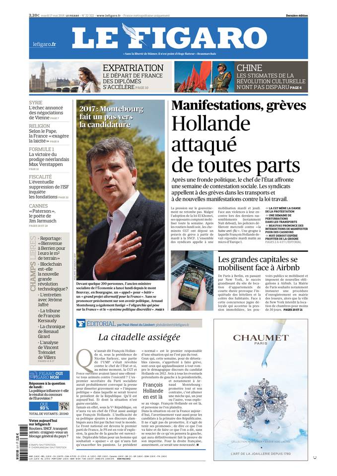 Le Figaro Une du 17 mai 2016