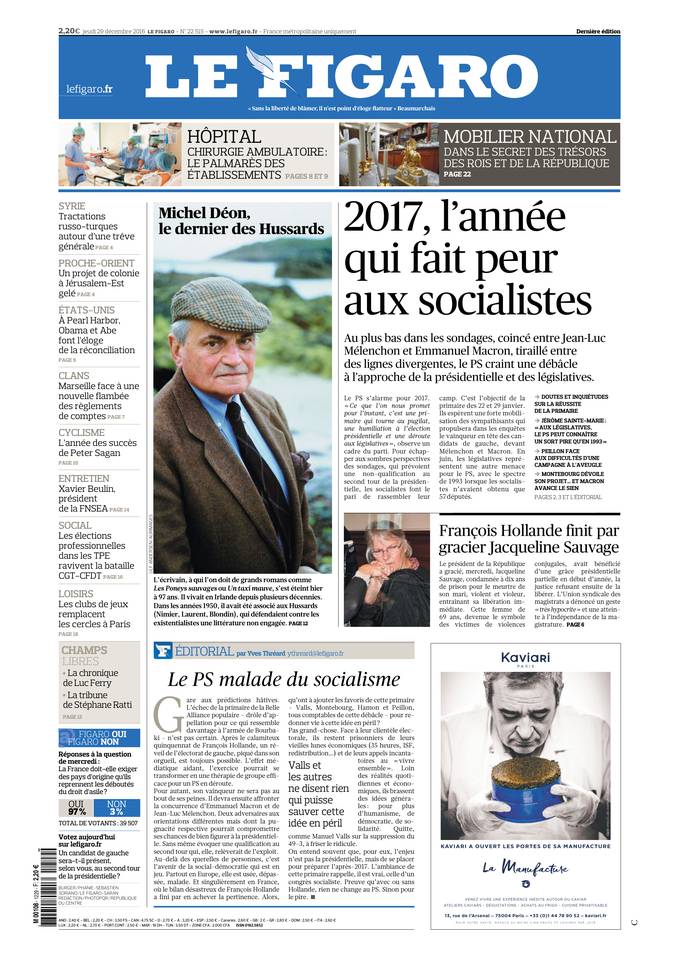 Le Figaro Une du 29 décembre 2016