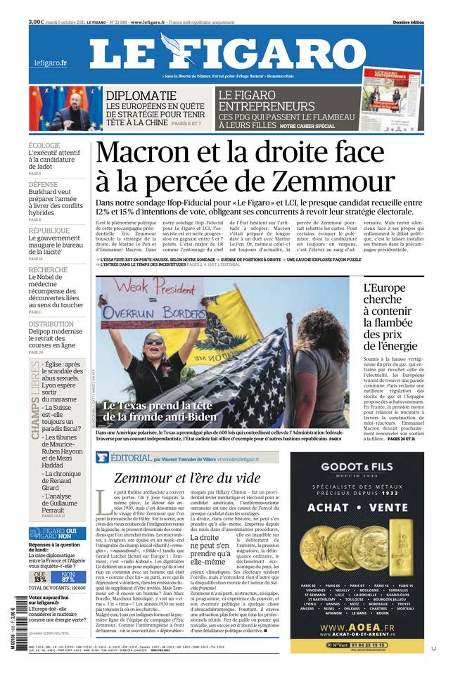 Le Figaro Une du 5 octobre 2021