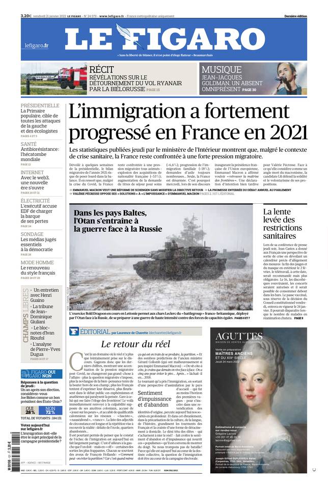 Le Figaro Une du 21 janvier 2022