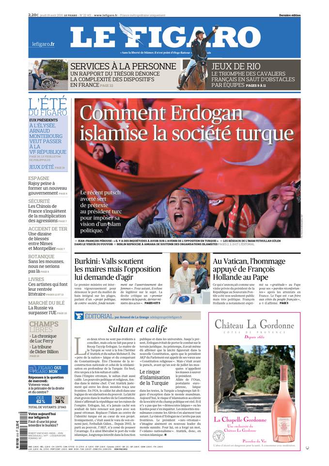 Le Figaro Une du 18 août 2016