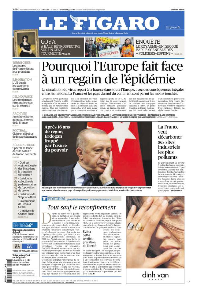 Le Figaro Une du 16 novembre 2021