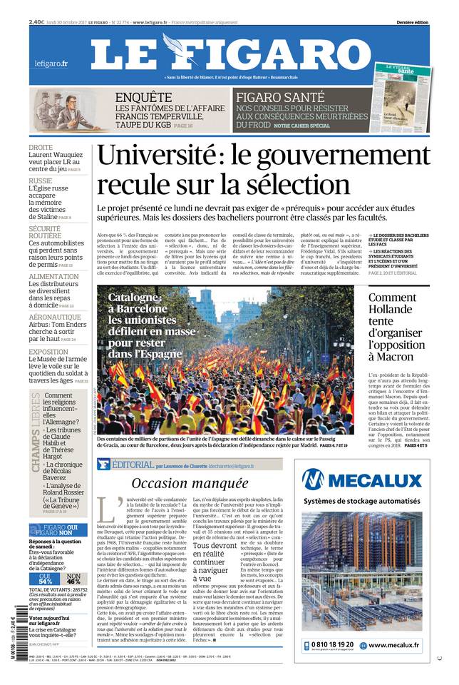 Le Figaro Une du 30 octobre 2017