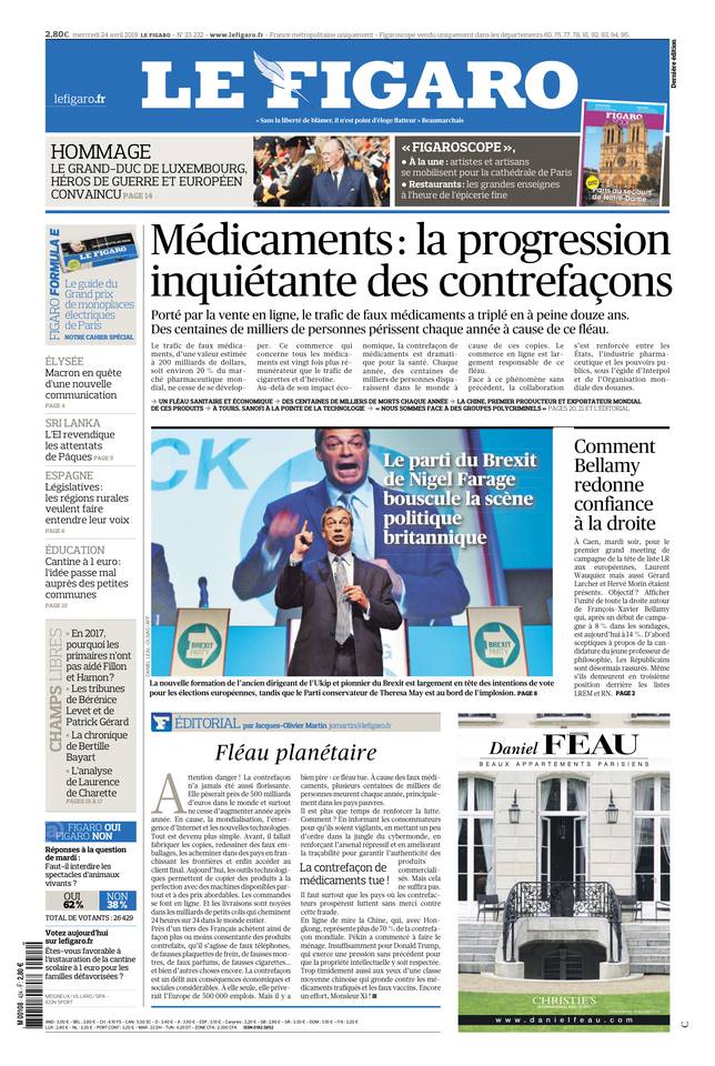 Le Figaro Une du 24 avril 2019