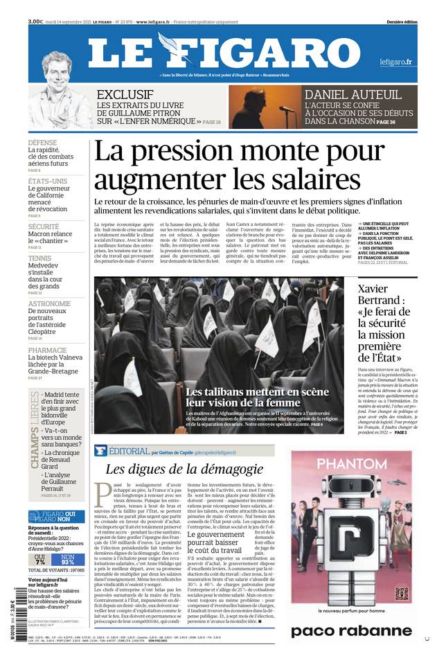 Le Figaro Une du 14 septembre 2021
