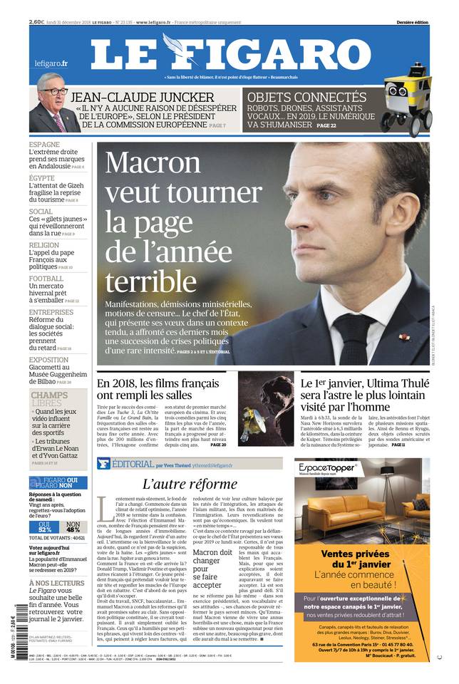 Le Figaro Une du 31 décembre 2018
