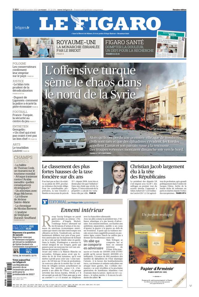 Le Figaro Une du 14 octobre 2019