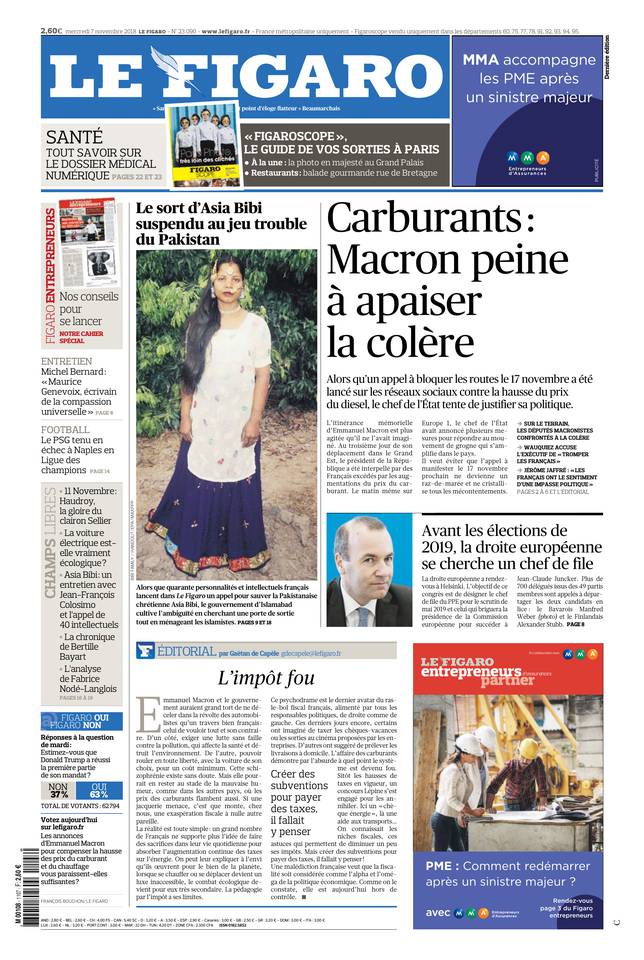 Le Figaro Une du 7 novembre 2018