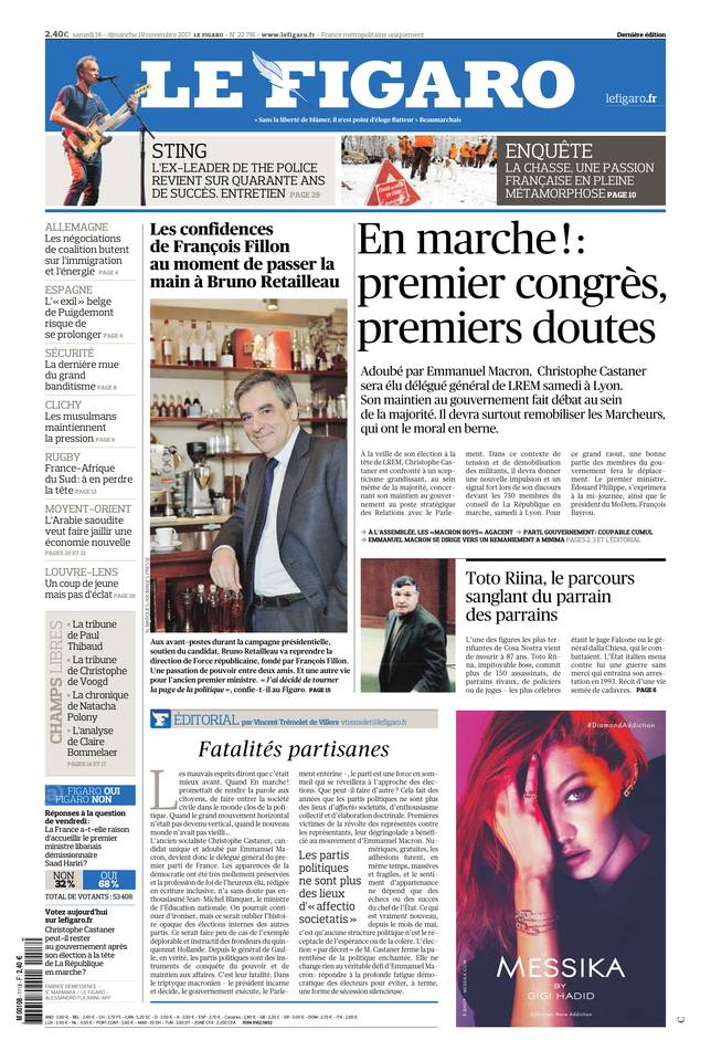 Le Figaro Une du 18 novembre 2017