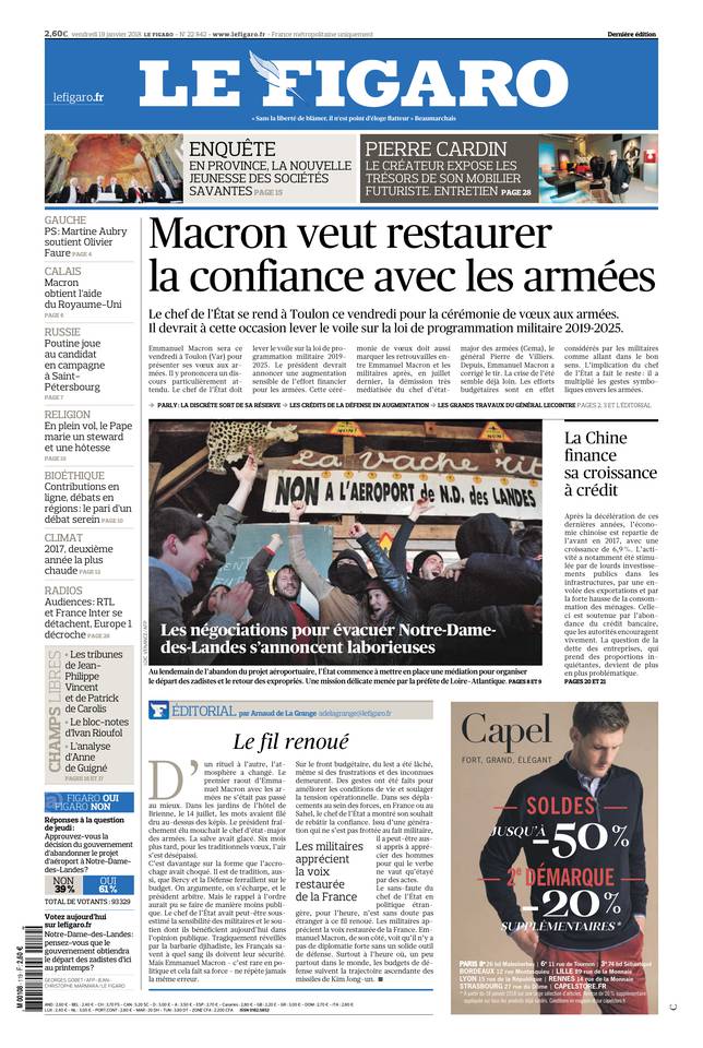 Le Figaro Une du 19 janvier 2018