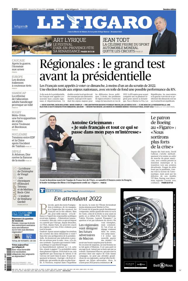 Le Figaro Une du 19 juin 2021