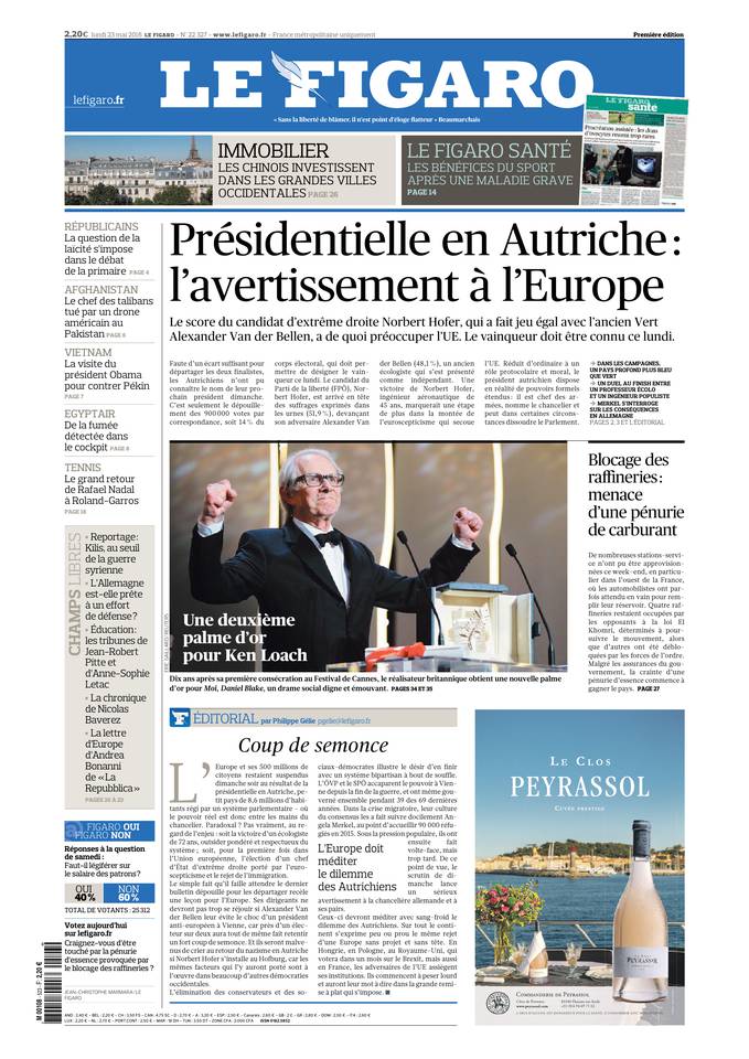 Le Figaro Une du 23 mai 2016