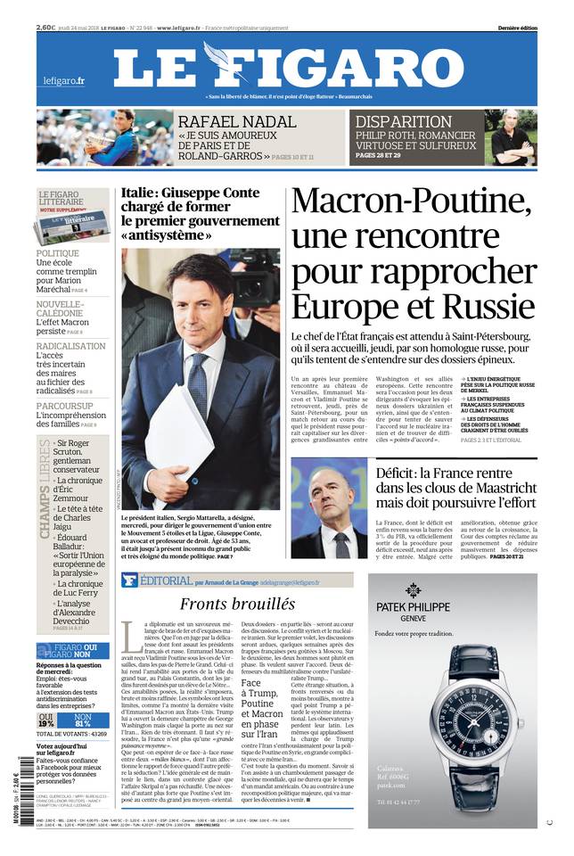 Le Figaro Une du 24 mai 2018