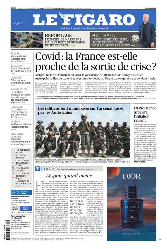 Le Figaro Une du 1 septembre 2021