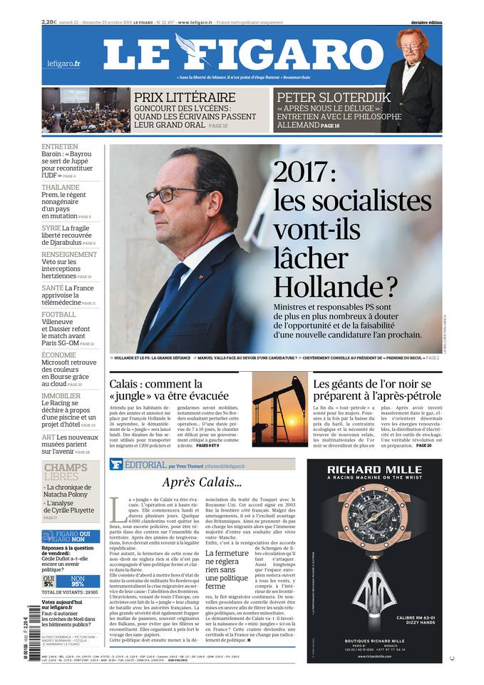 Le Figaro Une du 22 octobre 2016