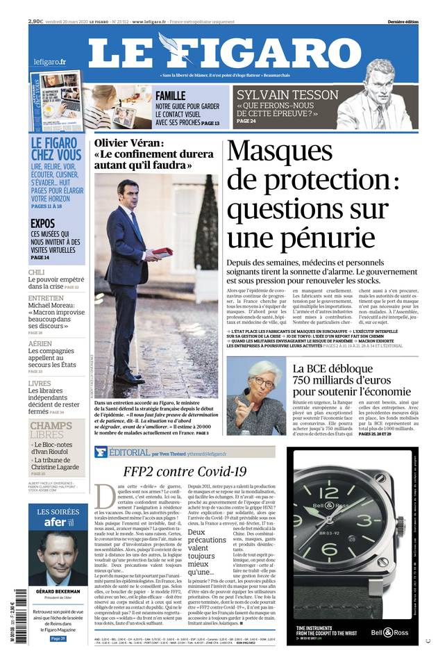 Le Figaro Une du 20 mars 2020