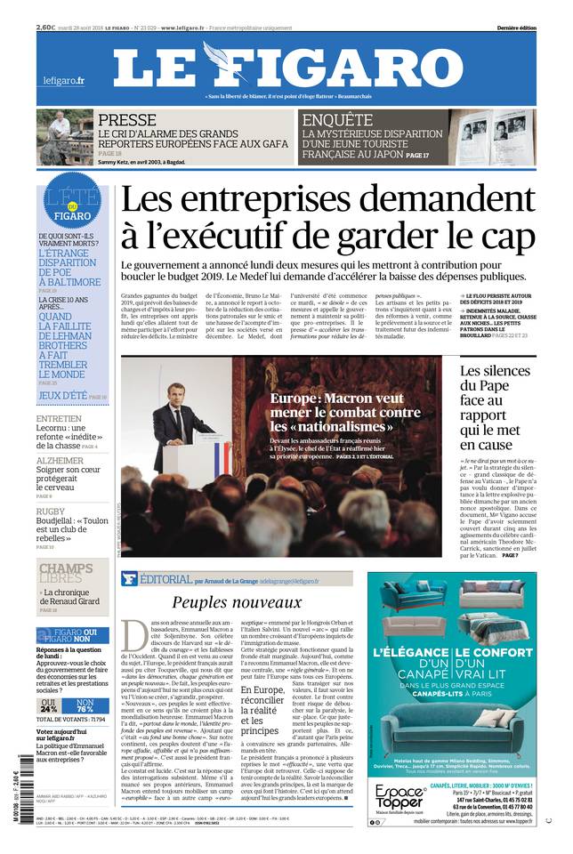 Le Figaro Une du 28 août 2018