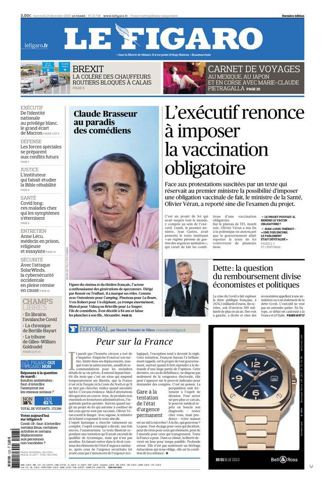 Le Figaro Une du 23 décembre 2020
