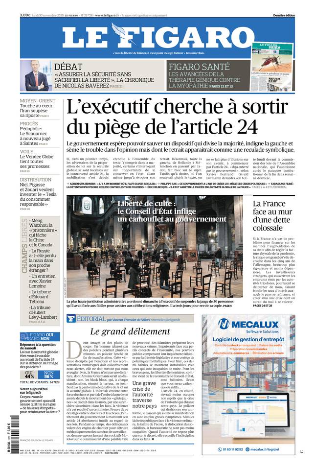 Le Figaro Une du 30 novembre 2020