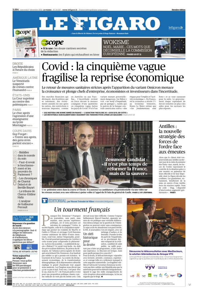 Le Figaro Une du 1 décembre 2021