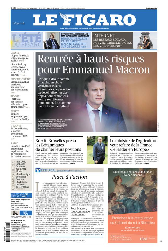 Le Figaro Une du 28 août 2017